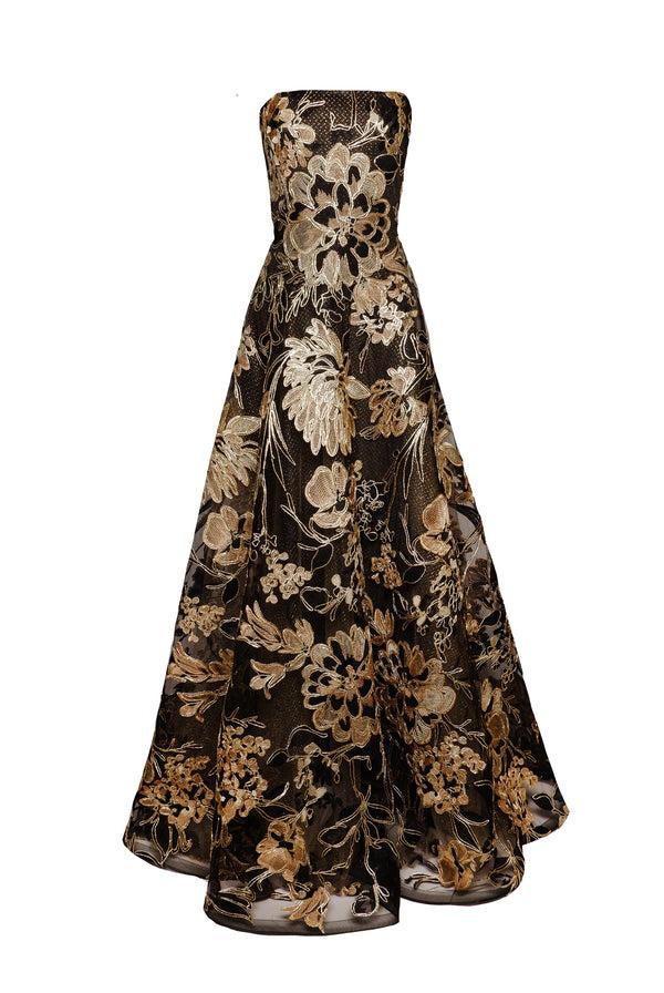 naeem khan METALLIC RAFFIA STRAPLESS GOWN