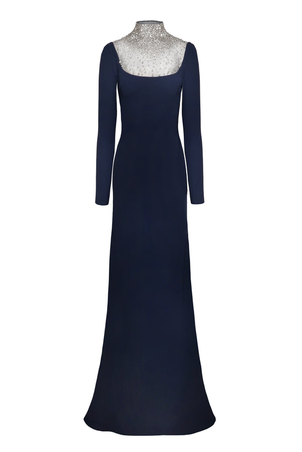 Naeem Khan OMBRE BEADED NECKLINE LONG SLEEVE GOWN