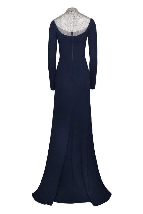 Naeem Khan OMBRE BEADED NECKLINE LONG SLEEVE GOWN
