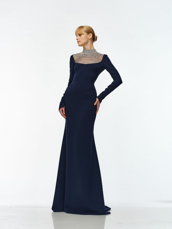 naeem khan OMBRE BEADED NECKLINE LONG SLEEVE GOWN
