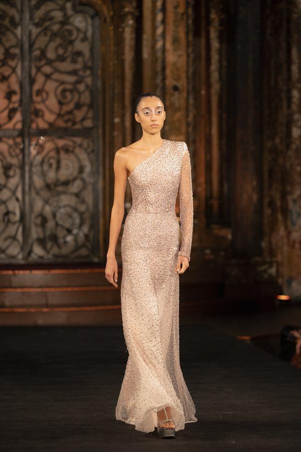 naeem khan OMBRE BEADED ONE SHOULDER GOWN