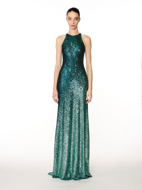naeem khan OMBRE STRETCH SEQUIN HALTER GOWN