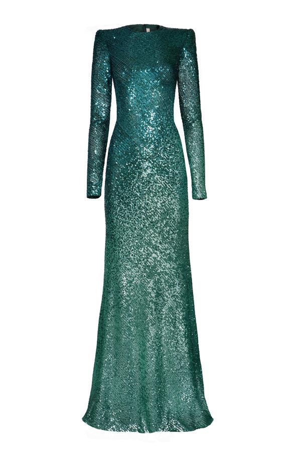 Naeem Khan OMBRE STRETCH SEQUIN LONG SLEEVE GOWN