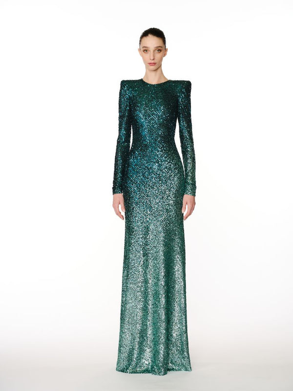 naeem khan OMBRE STRETCH SEQUIN LONG SLEEVE GOWN