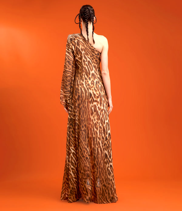 Naeem Khan ONE SHOULDER LEOPARD PRINT CHIFFON GOWN