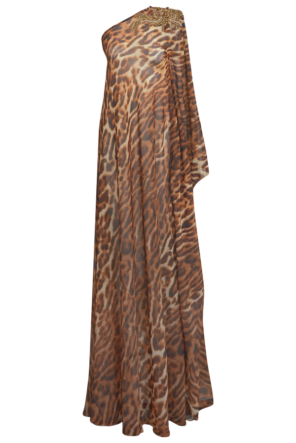Naeem Khan ONE SHOULDER LEOPARD PRINT CHIFFON GOWN