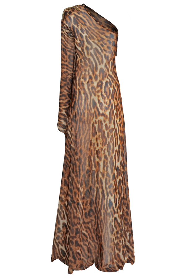 Naeem Khan ONE SHOULDER LEOPARD PRINT CHIFFON GOWN