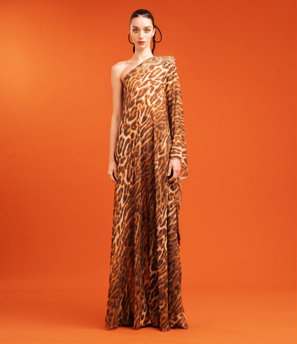 naeem khan ONE SHOULDER LEOPARD PRINT CHIFFON GOWN