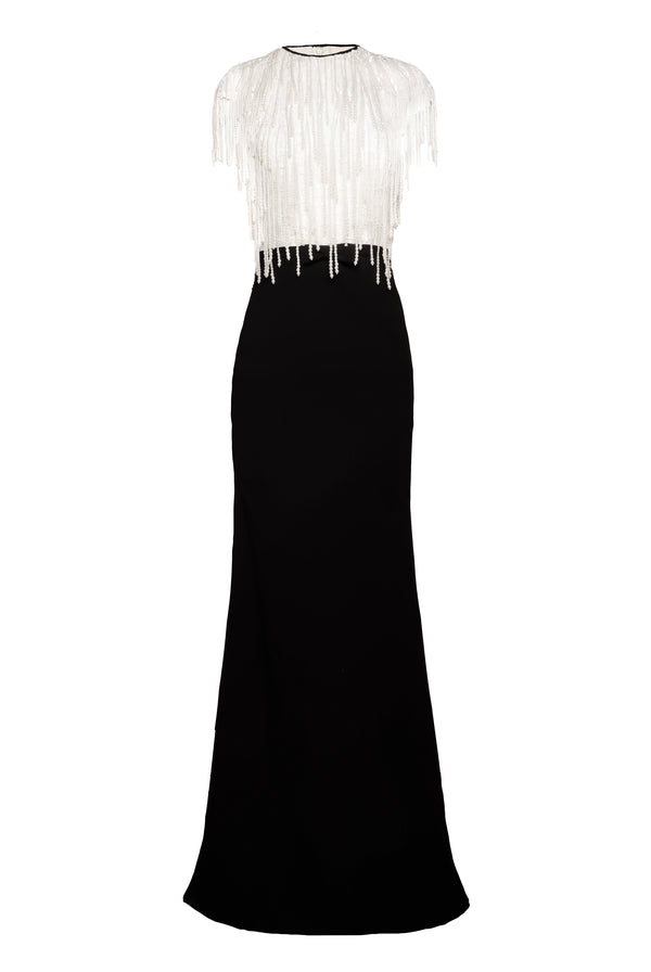 Naeem Khan PEARL FRINGE BODICE FIT-AND-FLARE GOWN