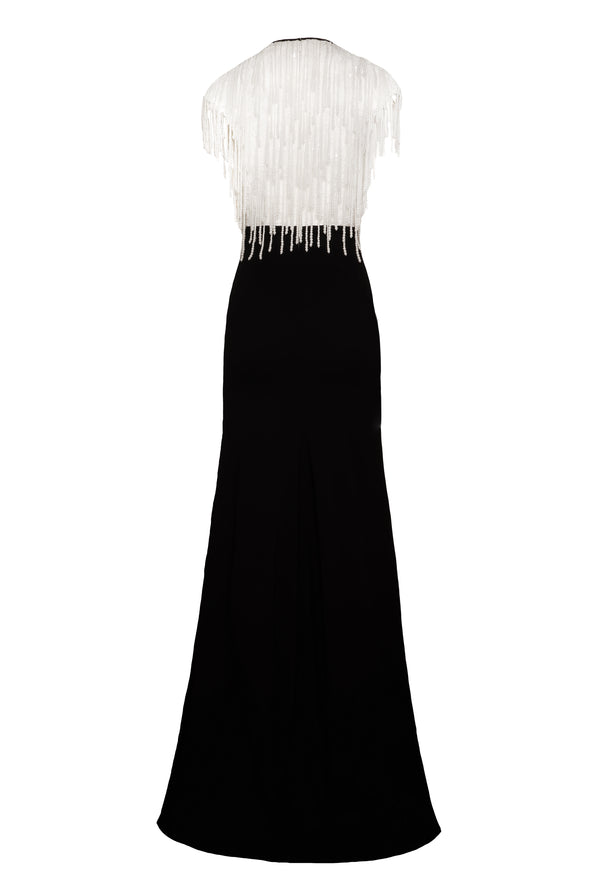 Naeem Khan PEARL FRINGE BODICE FIT-AND-FLARE GOWN