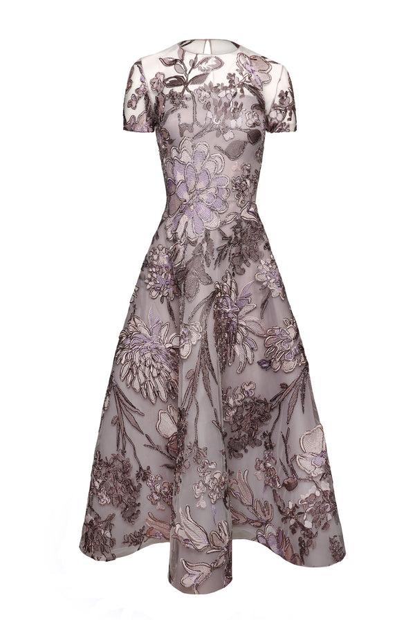 Naeem Khan RAFFIA JEWEL NECK CAP SLEEVE DRESS