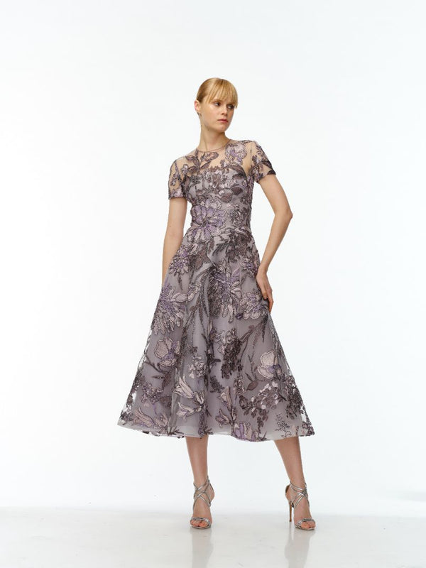 naeem khan RAFFIA JEWEL NECK CAP SLEEVE DRESS