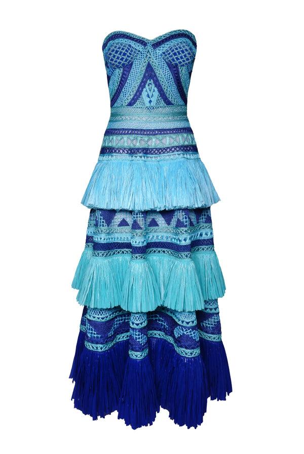 naeem Khan Raffia Strapless Cocktail Dress