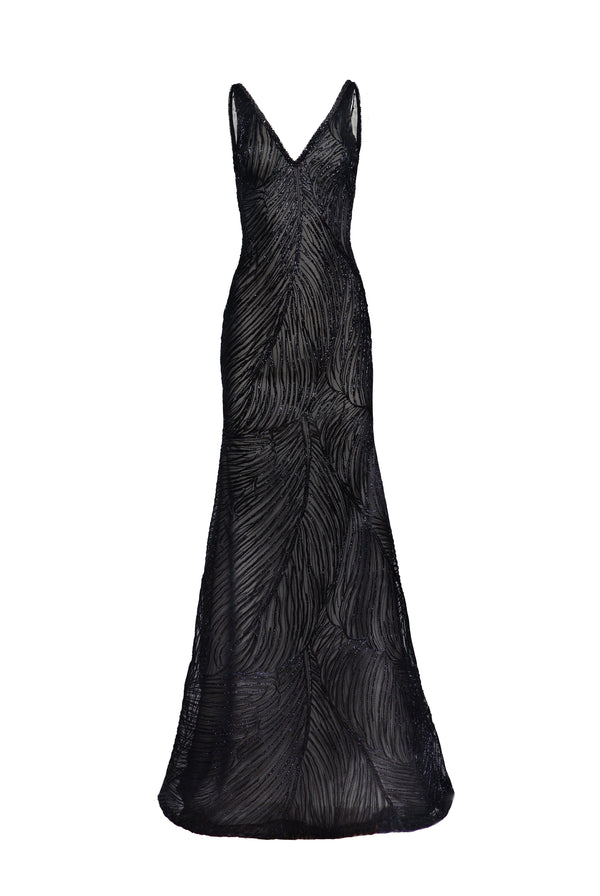 Naeem Khan RAFFIA V-NECK FIT-AND-FLARE GOWN