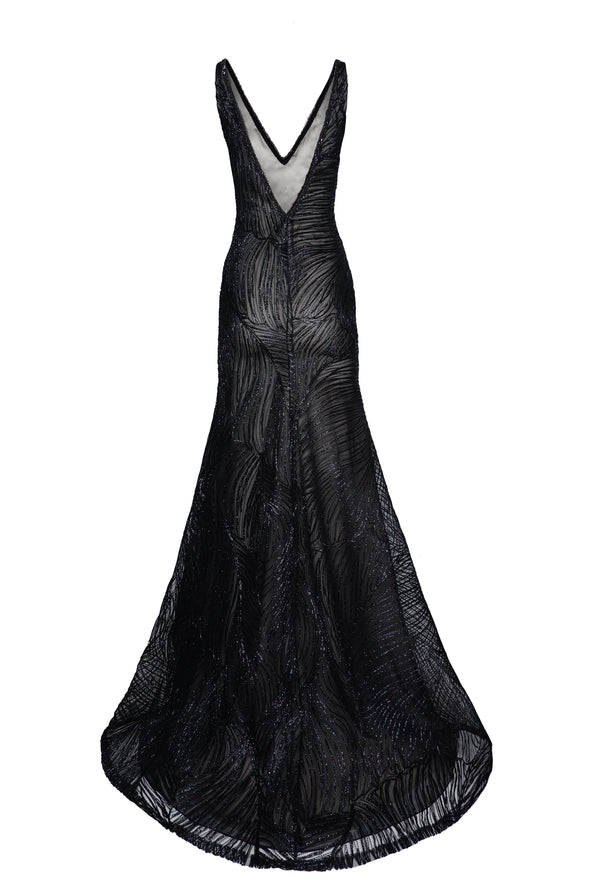 Naeem Khan RAFFIA V-NECK FIT-AND-FLARE GOWN