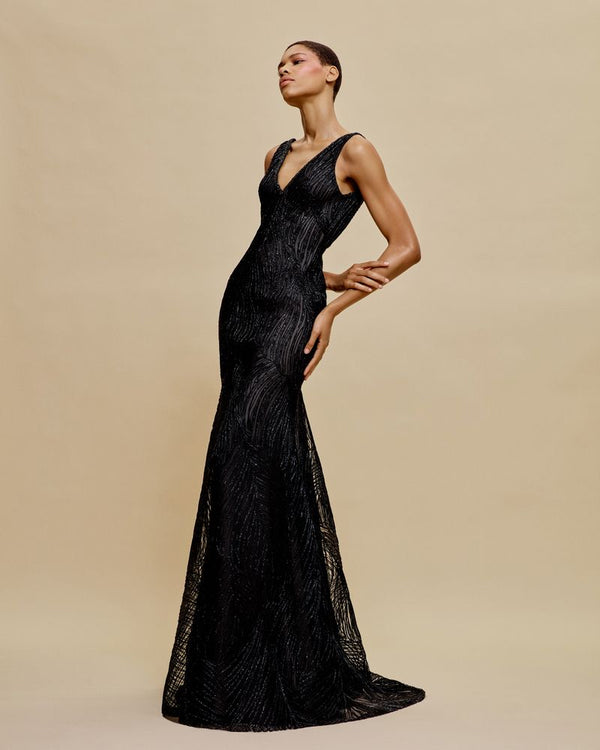 naeem khan RAFFIA V-NECK FIT-AND-FLARE GOWN