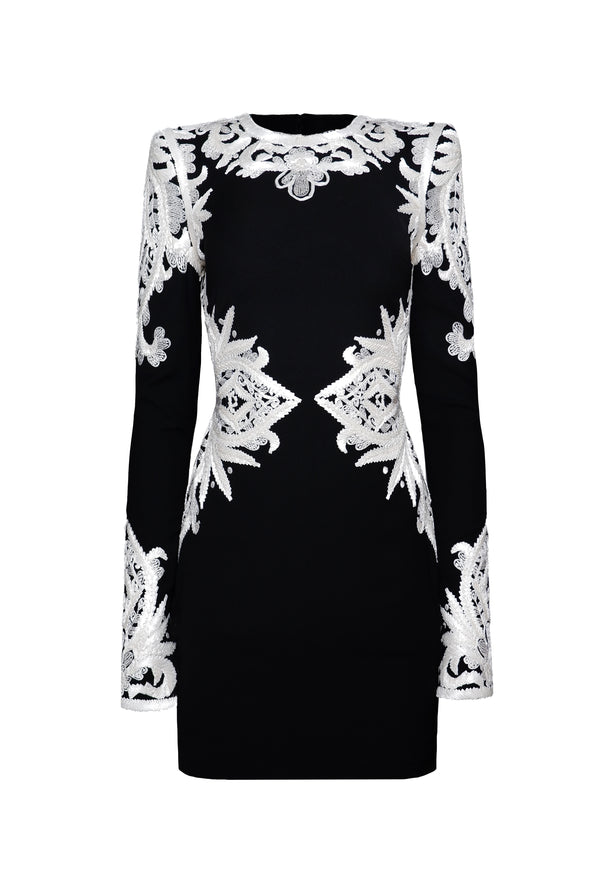 Naeem Khan RIBBON EMBROIDERED LONG SLEEVE DRESS