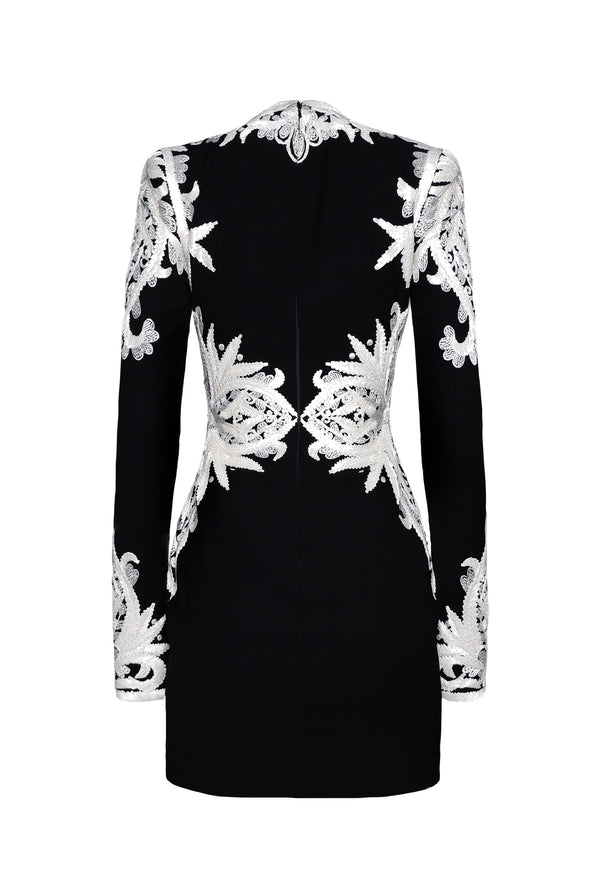Naeem Khan RIBBON EMBROIDERED LONG SLEEVE DRESS