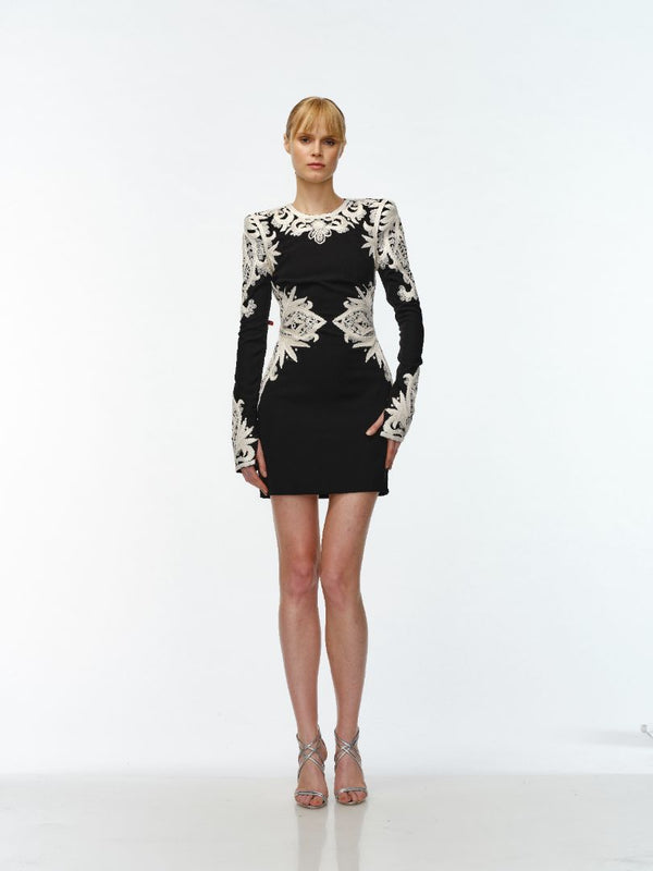 naeem khan RIBBON EMBROIDERED LONG SLEEVE DRESS