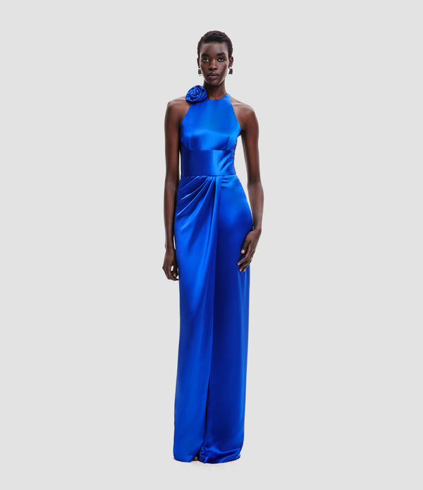 Naeem Khan SATIN HALTER DRAPED GOWN WITH FLOWER