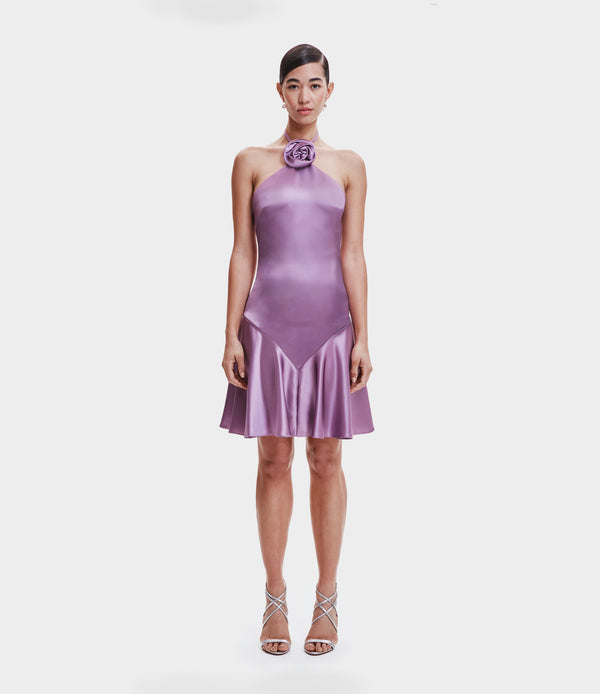 naeem khan SATIN HALTER DRESS WITH FLOWER