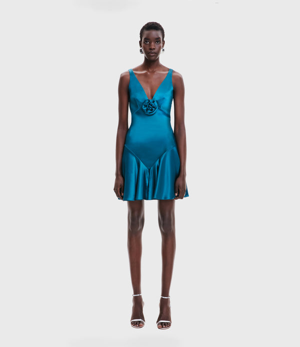 naeem khan SATIN V-NECK DRESS WITH FLOWER