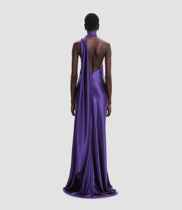 Naeem Khan SATIN WRAP HALTER GOWN WITH FLOWER