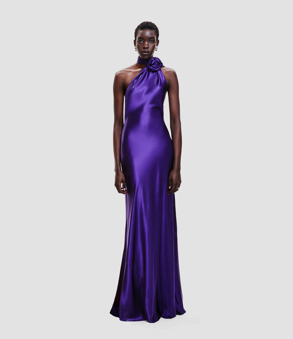Naeem Khan SATIN WRAP HALTER GOWN WITH FLOWER