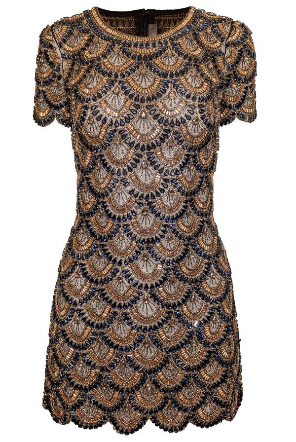 Naeem Khan Scallop Beaded Cap Sleeve Dress