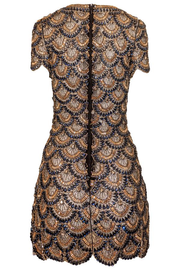 Naeem Khan Scallop Beaded Cap Sleeve Dress