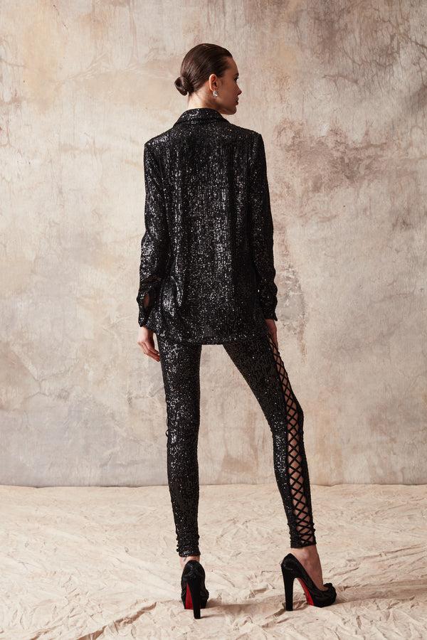 Naeem Khan Stretch Sequin Button Up Blouse