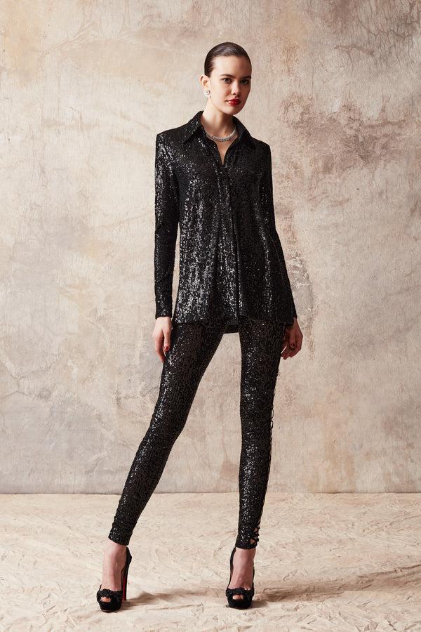naeem khan Stretch Sequin Button Up Blouse