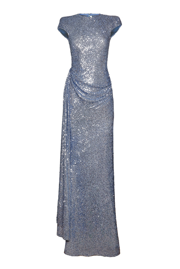 Naeem Khan STRETCH SEQUIN CAP SLEEVE DRAPED GOWN