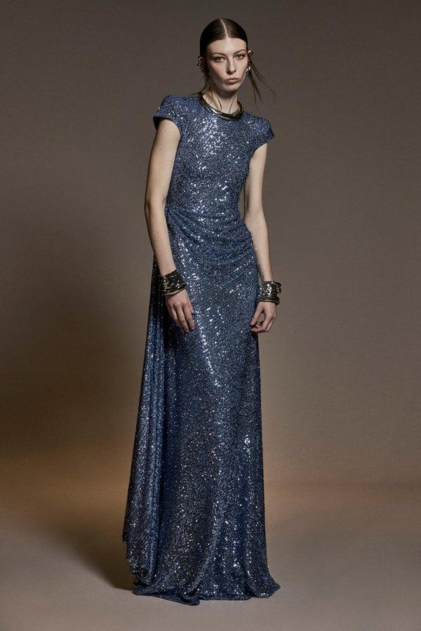 naeem khan STRETCH SEQUIN CAP SLEEVE DRAPED GOWN