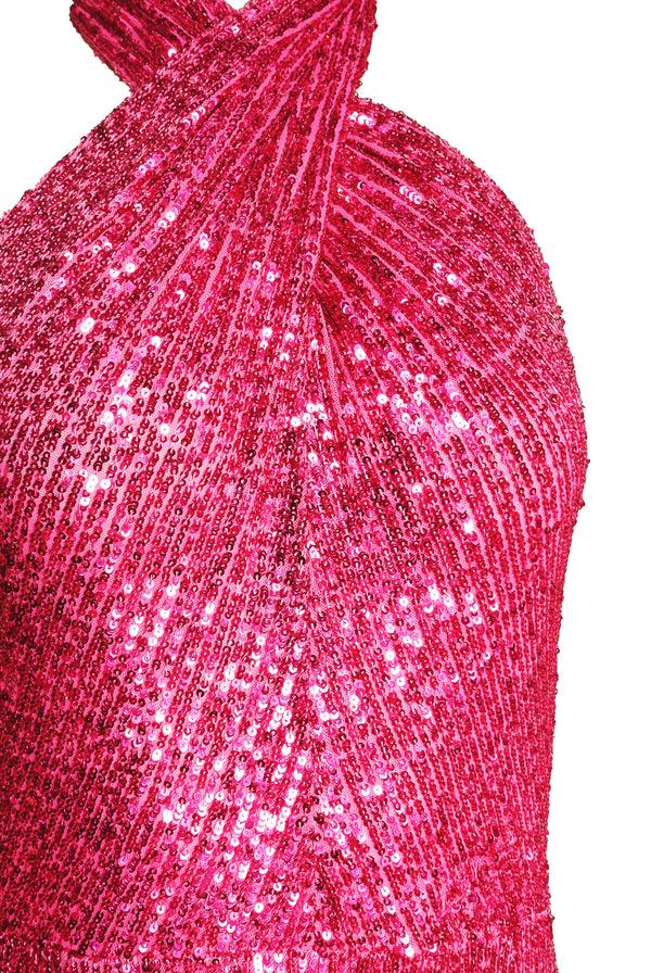 Naeem Khan STRETCH SEQUIN CRISS-CROSS NECK GOWN