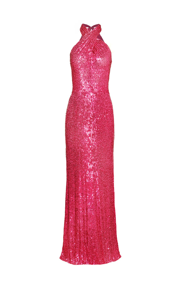 naeem khan STRETCH SEQUIN CRISS-CROSS NECK GOWN