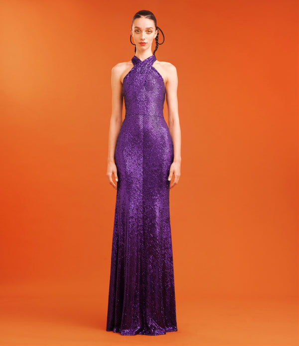 naeem khan STRETCH SEQUIN CROSS FRONT GOWN