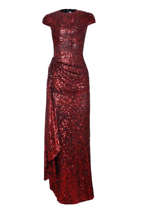 naeem khan Stretch Sequin Draped Cap Sleeve Gown