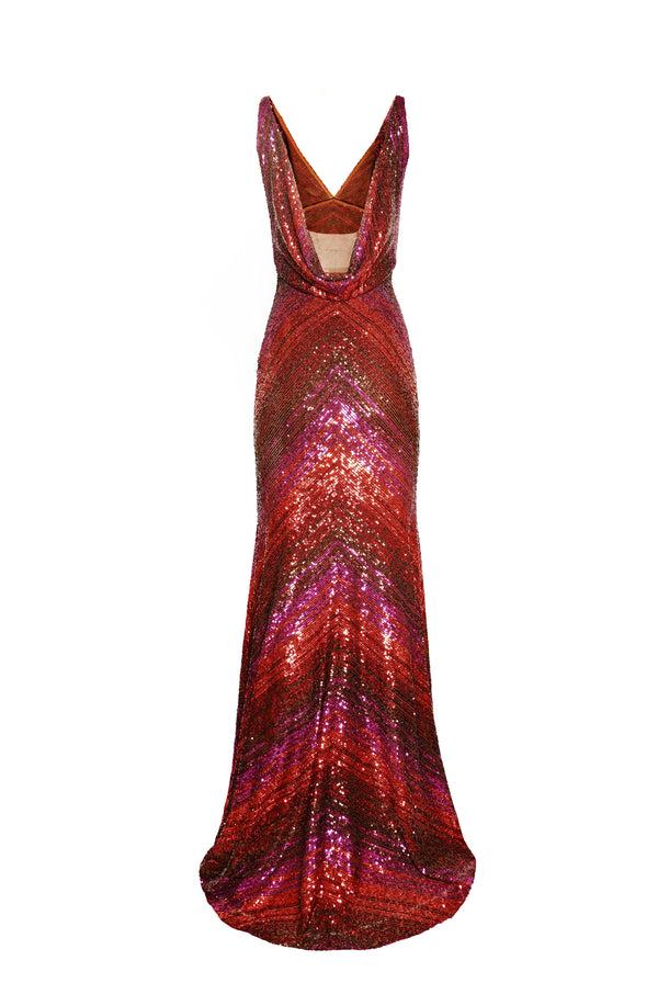 Naeem Khan STRETCH SEQUIN EMPIRE WAIST V-NECK GOWN