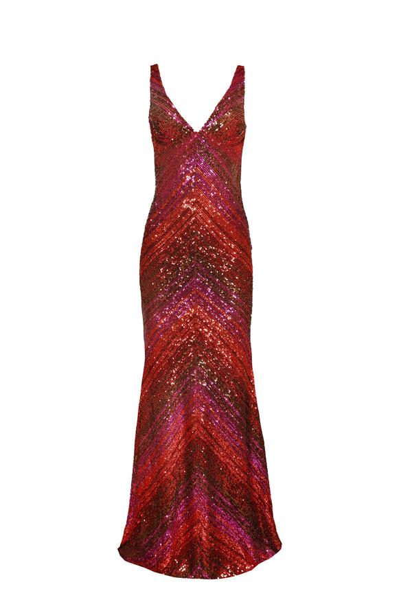 Naeem Khan STRETCH SEQUIN EMPIRE WAIST V-NECK GOWN