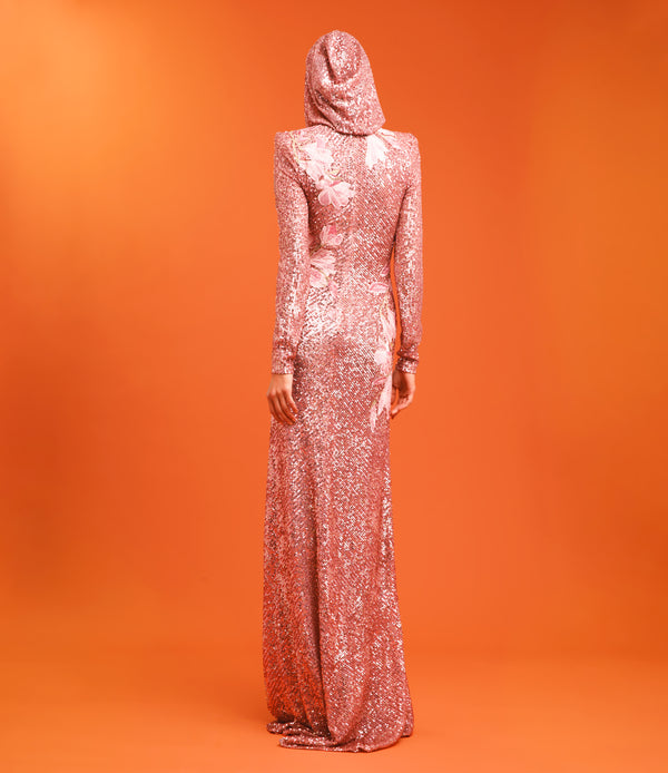 Naeem Khan STRETCH SEQUIN FLORAL APPLIQUE GOWN