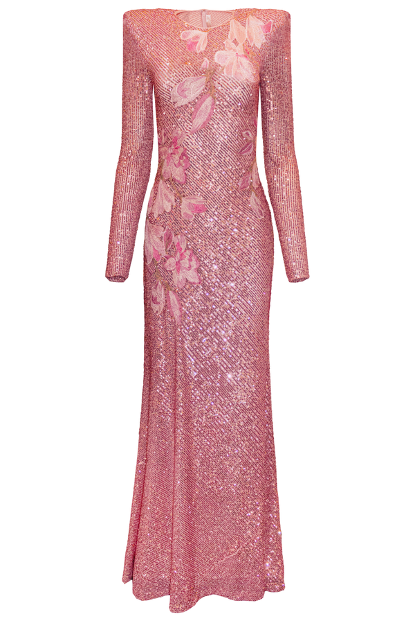 Naeem Khan STRETCH SEQUIN FLORAL APPLIQUE GOWN