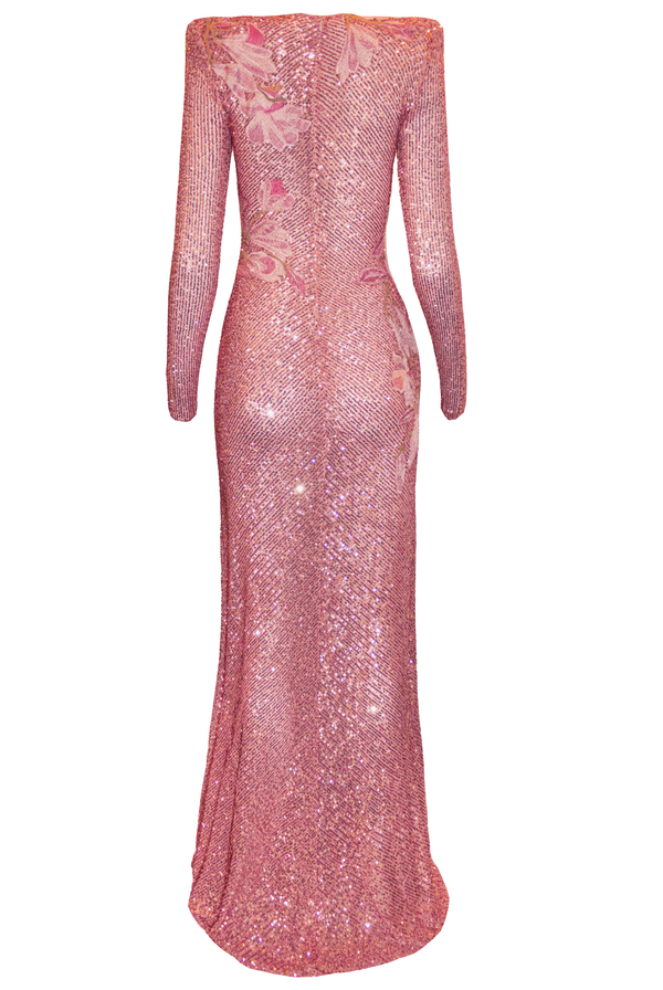 Naeem Khan STRETCH SEQUIN FLORAL APPLIQUE GOWN