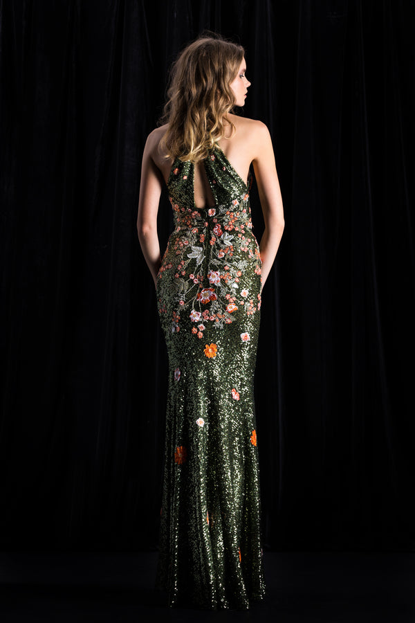 Naeem Khan Stretch Sequin Floral Applique Gown
