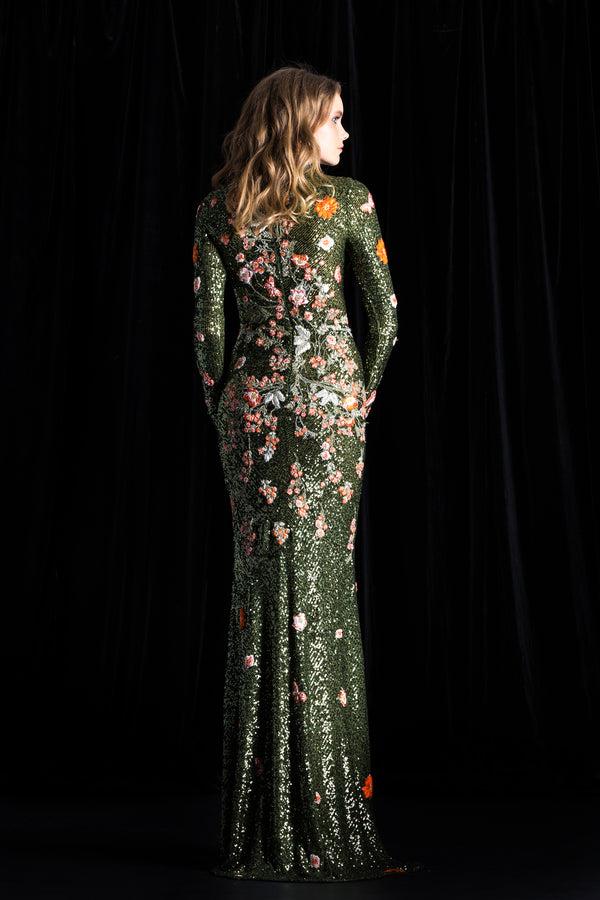 Naeem Khan Stretch Sequin Floral Applique Gown