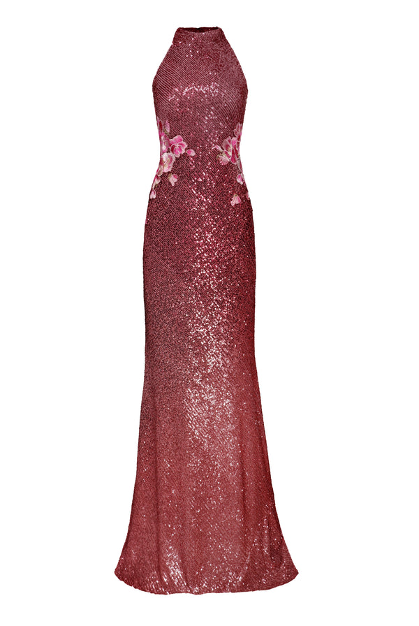 Naeem Khan STRETCH SEQUIN HALTER GOWN