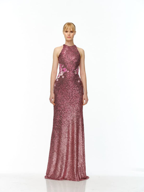naeem khan STRETCH SEQUIN HALTER GOWN