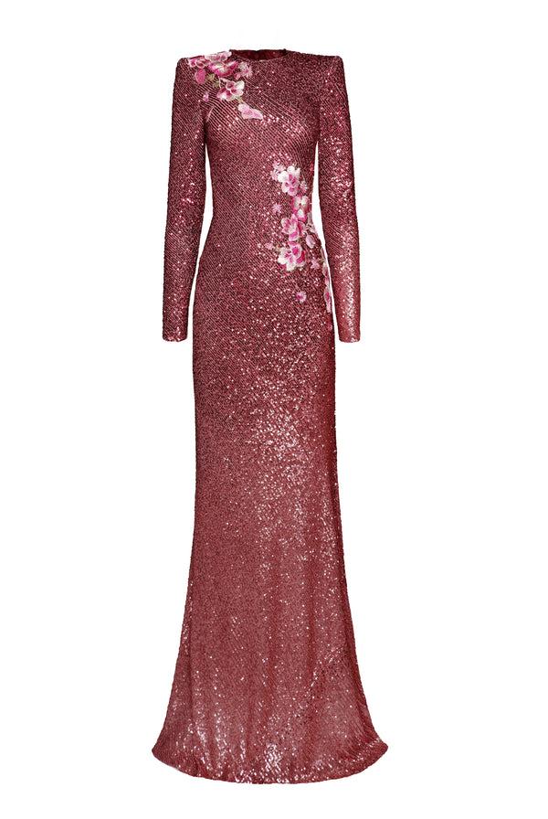 Naeem Khan STRETCH SEQUIN LONG SLEEVE GOWN