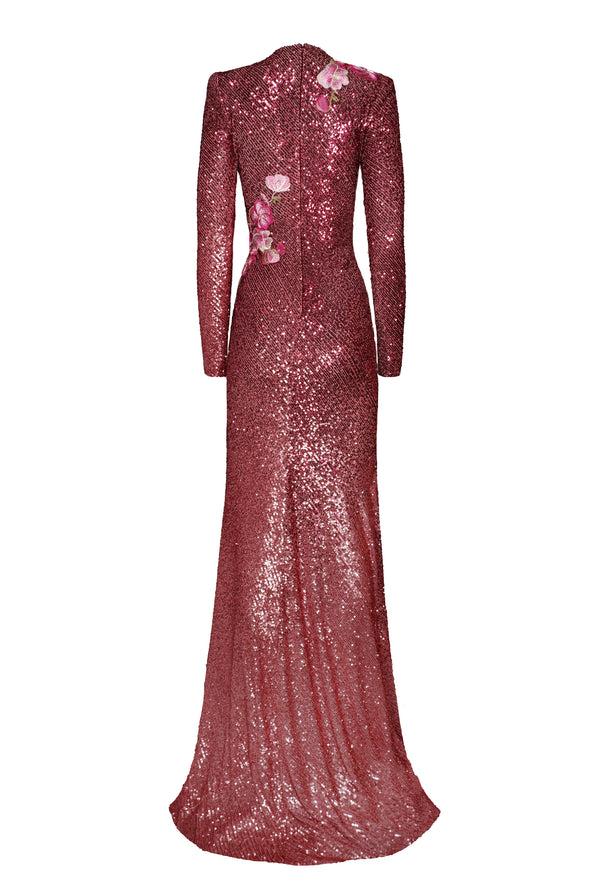 Naeem Khan STRETCH SEQUIN LONG SLEEVE GOWN