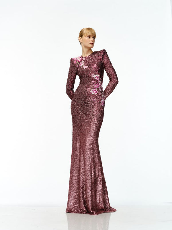 naeem khan STRETCH SEQUIN LONG SLEEVE GOWN